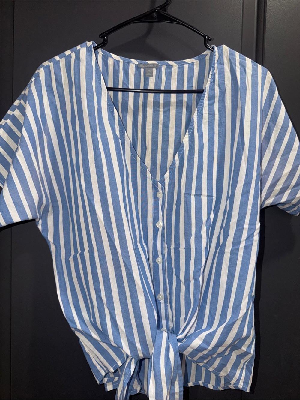 Charlotte Russe Blue and White Vertical Stripe Button-Front Tie Hem Top